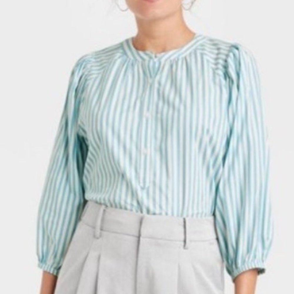 3/4 Puff Sleeve Blouse-Blue Stripe-XS-A New Day
